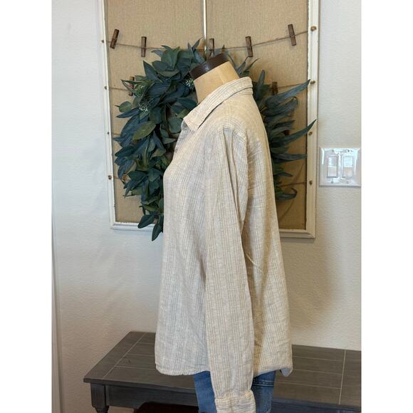 ORVIS Tan Button Down Shirt Top Blouse Women size L Linen Blend Tan Striped - Picture 3 of 9